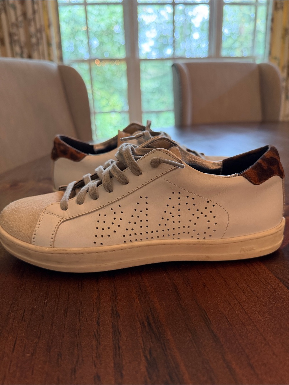 Ladies P448 Casual White Leather Sneakers with Leopard Heel Accent